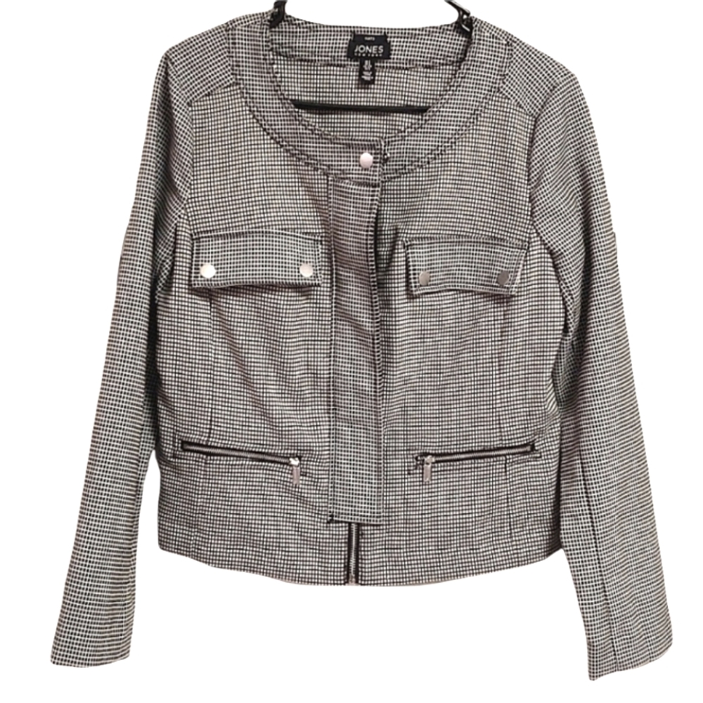 Jones New York Black and White Moto checkered mid-cut suit jacket